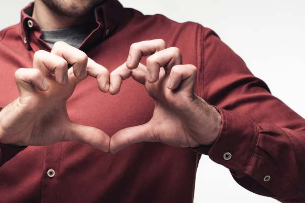 Gedeeltelijke Weergave Van Mens Tonen Hart Teken Met Handen Geïsoleerd — Stockfoto