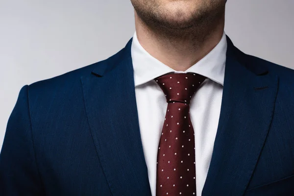 Vista Recortada Hombre Negocios Traje Corbata Aislado Gris — Foto de Stock