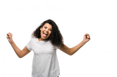 pozitif afro-amerikan kadın kutluyor ve beyaz izole gesturing 