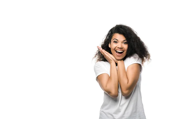 Positivo Africano Americano Menina Branco Shirt Isolado Branco — Fotografia de Stock