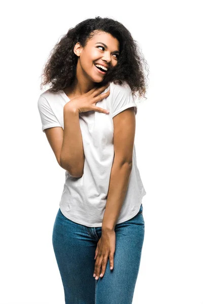 Feliz Encaracolado Menina Americana Africana Jeans Azul Sorrindo Isolado Branco — Fotografia de Stock