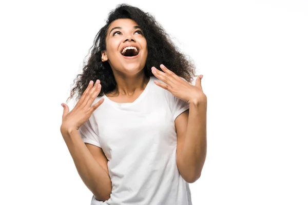 Feliz Jovem Afro Americano Menina Gestos Isolado Branco — Fotografia de Stock