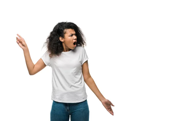 Sürpriz Kıvırcık Afrikalı Amerikalı Kadın Parmak Beyaz Izole Ile Işaret — Stok fotoğraf
