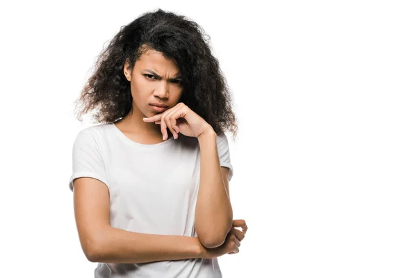 Upset African American Woman Touching Face Looking Camera Isolated White — Stock Photo, Image