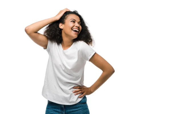Happy Curly African American Woman Touching Hair While Standing Hand — Stock Photo, Image