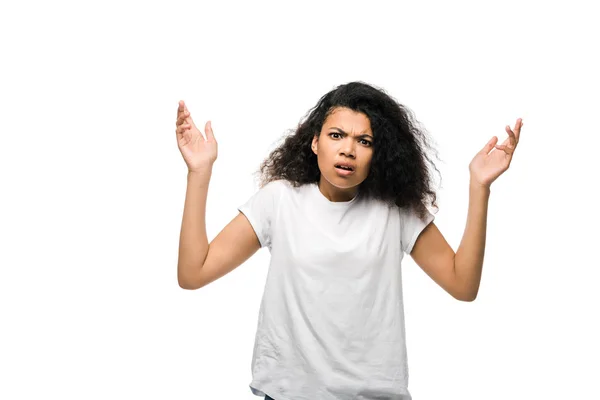 Upset Curly African American Girl White Shirt Gesturing Isolated White — Stock Photo, Image