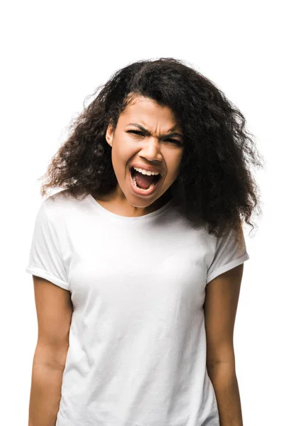 Ερεθισμένη Αφρικανική Αμερικανίδα Γυναίκα Ουρλιάζοντας Απομονωμένη Λευκό — Φωτογραφία Αρχείου