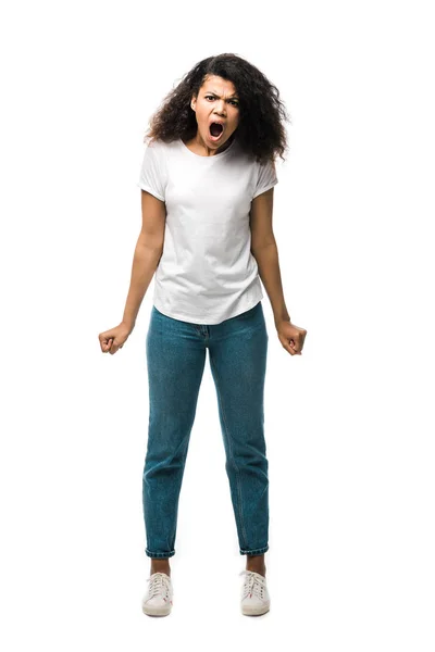 Irritated African American Woman Standing Screaming Isolated White — Stock Photo, Image