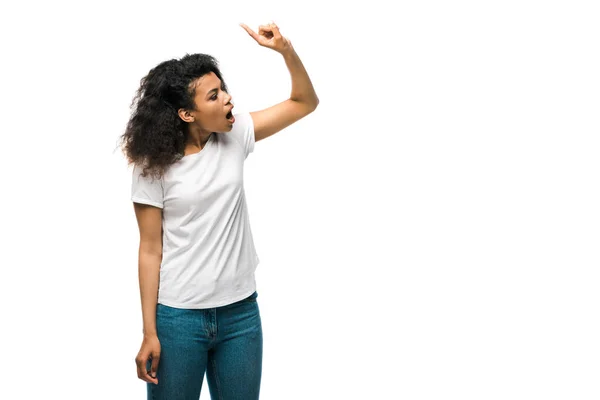 Emotional African American Woman Pointing Finger Isolated White — Stock Photo, Image