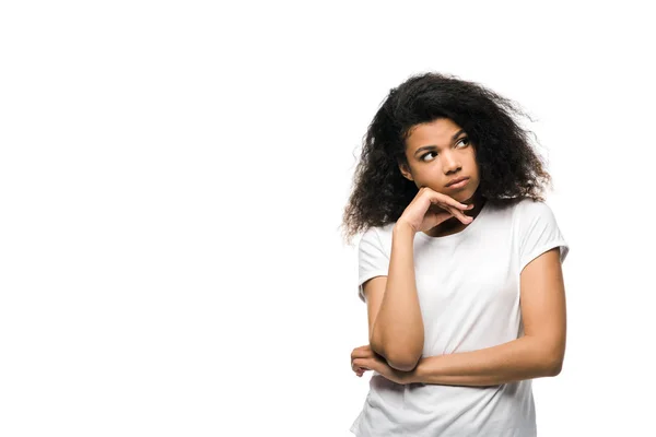 Frustrado Africano Americano Menina Branco Shirt Isolado Branco — Fotografia de Stock