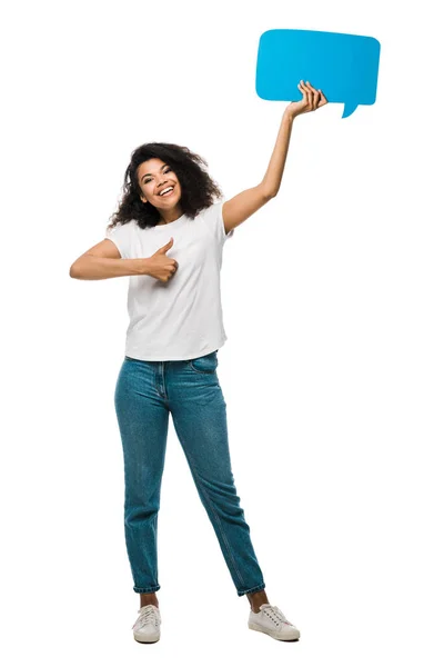 Happy African American Girl Holding Blue Speech Bubble Showing Thumb — Stock Photo, Image
