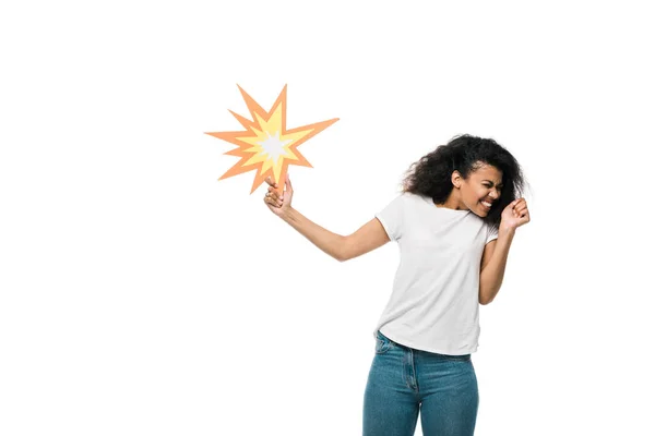 Emotional African American Woman Closed Eyes Holding Comic Bubble Isolated — Stock Photo, Image