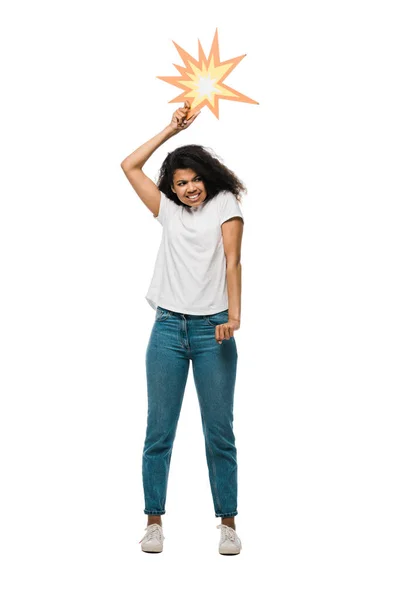 Mulher Americana Africana Alegre Segurando Bolha Cômica Isolada Branco — Fotografia de Stock