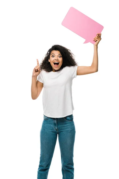 Happy African American Girl Holding Pink Speech Bubble Pointing Finger — Stock Photo, Image