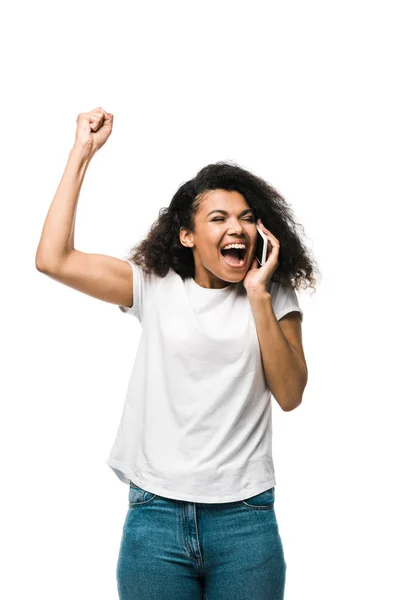 Menina Americana Africana Feliz Falando Smartphone Celebrando Isolado Branco — Fotografia de Stock