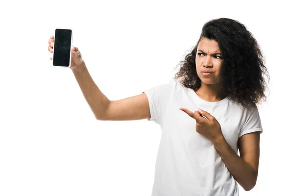 Displeased African American Girl Pointing Finger Smartphone Blank Screen Isolated — Stock Photo, Image