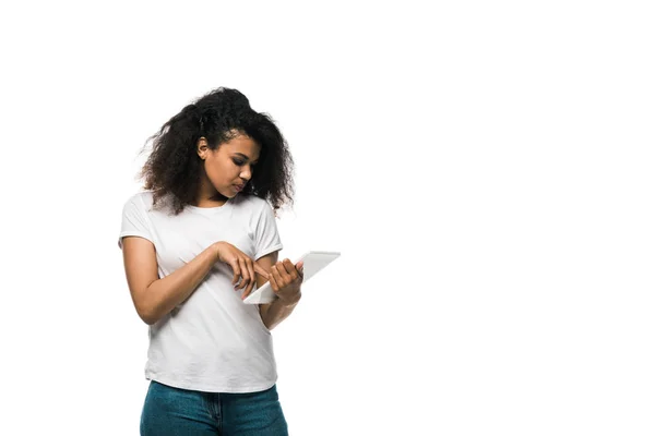 Pretty African American Girl Pointing Finger Digital Tablet Isolated White — Stock Photo, Image