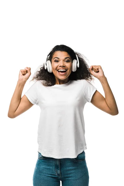 Happy African American Girl Headphones Listening Music Gesturing Isolated White — Stock Photo, Image