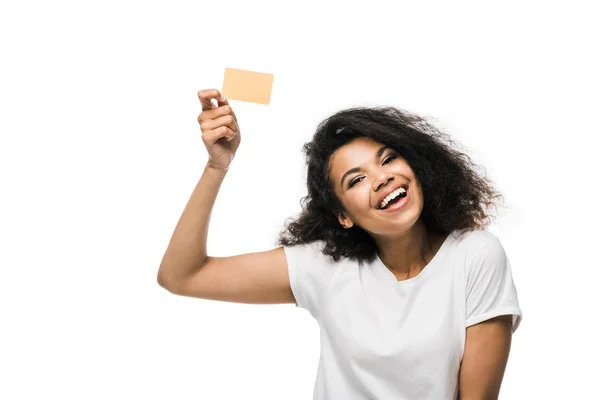 Happy African American Woman Holding Credit Card Isolated White — Stock Photo, Image