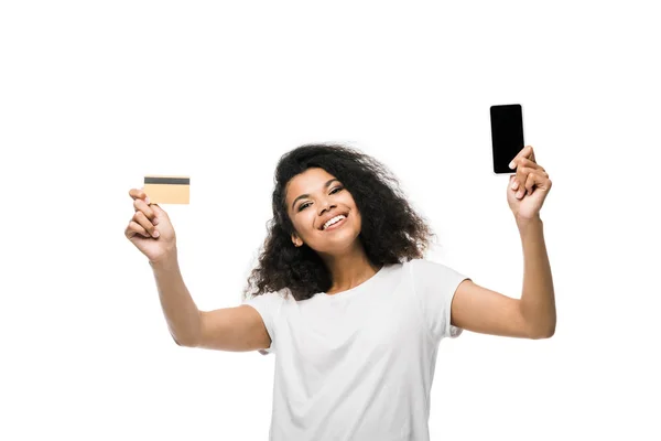 Happy African American Woman Holding Credit Card Smartphone Blank Screen — Stock Photo, Image