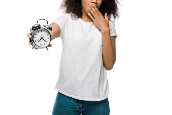 Selective Focus Vintage Alarm Clock Hand African American Girl Covering — Stock Photo, Image