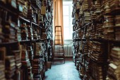 Interiér knihovny s knihami o dřevěných policích a ledích 