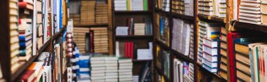 panoramic shot of retro books on shelves in library  clipart