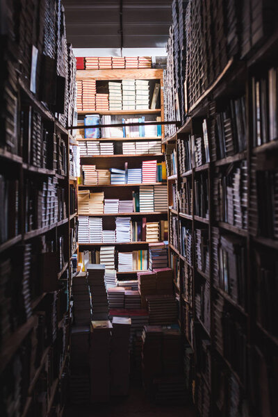 selective focus of books on wooden shelves in library