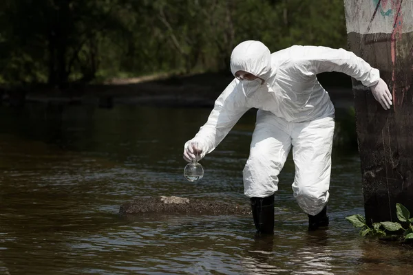 Water Inspector Protective Costume Respirator Goggles Holding Flask Water Sample — Stock Photo, Image