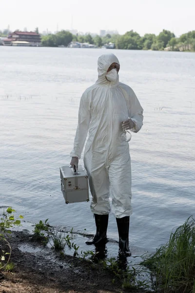 Full Length View Water Inspector Protective Costume Holding Inspection Kit — Stock Photo, Image