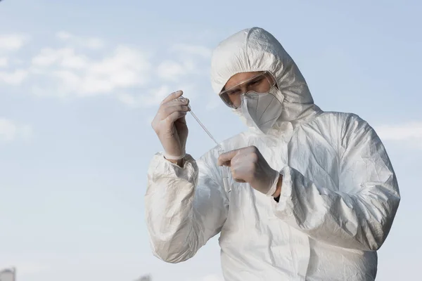 Water Inspector Protective Costume Respirator Holding Test Tube Water Sample — Stock Photo, Image