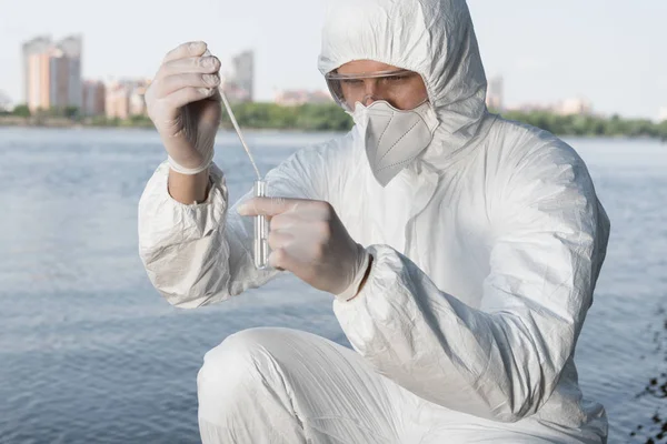 Water Inspector Protective Costume Respirator Taking Water Sample River — Stock Photo, Image