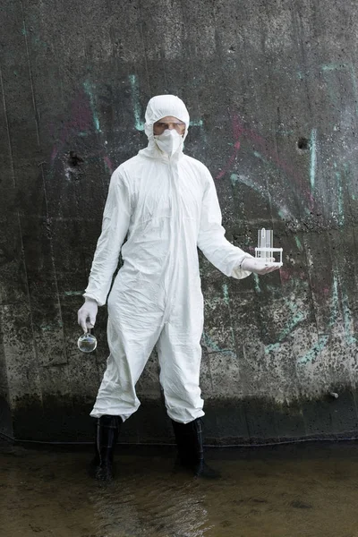 Full Length View Water Inspector Protective Costume Respirator Holding Test — Stock Photo, Image