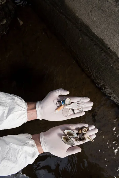 Ausgeschnittene Ansicht Eines Ökologen Latexhandschuhen Mit Muscheln Und Plastikmüll — Stockfoto