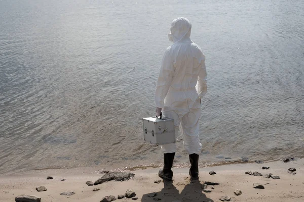 Back View Water Inspector Protective Costume Holding Inspection Kit River — Stock Photo, Image