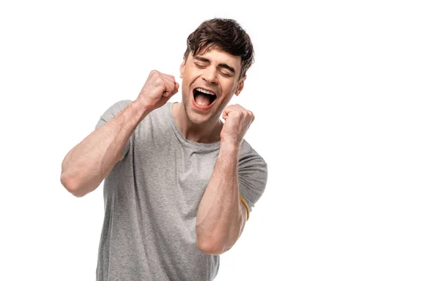 Excited Young Man Showing Winner Gesture Closed Eyes Isolated White — Stock Photo, Image