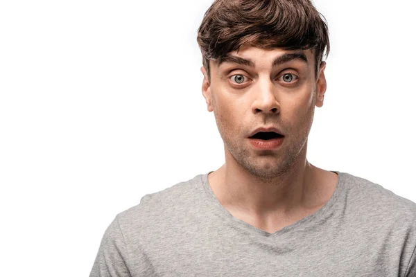 Shocked Young Man Grey Shirt Looking Camera Isolated White — Stock Photo, Image