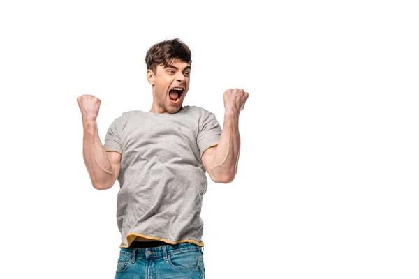 Jovem Feliz Mostrando Gesto Triunfal Gritando Isolado Branco — Fotografia de Stock