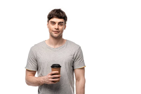 Homem Bonito Segurando Café Para Sorrindo Para Câmera Isolada Branco — Fotografia de Stock