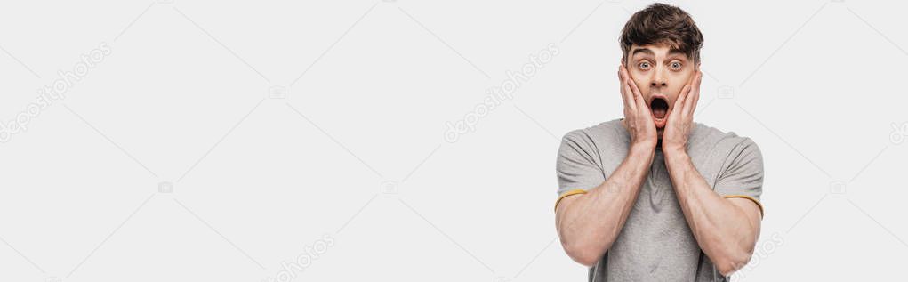 panoramic shot of shocked young man holding hand near face isolated on grey