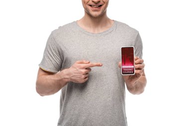 beyaz izole ticaret kursları uygulaması ile akıllı telefon işaret adam kırpılmış görünümü