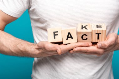 cropped view of man holding wooden cubes with fake fact lettering on blue background clipart