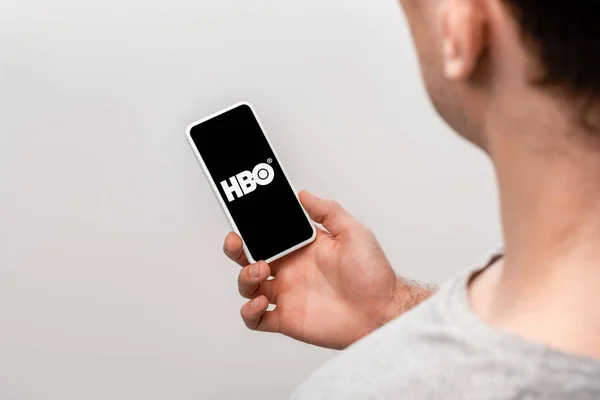 Kyiv Ukraine May 2019 Cropped View Man Using Smartphone Hbo — Stock Photo, Image