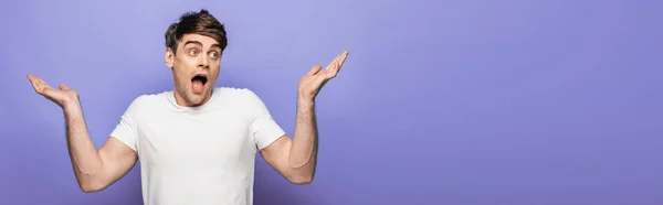 Panoramic Shot Handsome Man Showing Shrug Gesture Blue Background — Stock Photo, Image