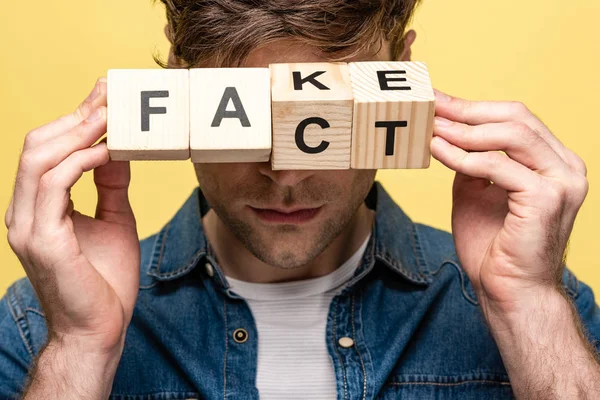 Cropped View Man Holding Wooden Cubes Fake Fact Lettering Isolated — Stock Photo, Image