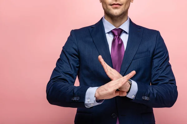 Cropped View Businessman Formal Wear Showing Reject Gesture Pink Background — Stock Photo, Image