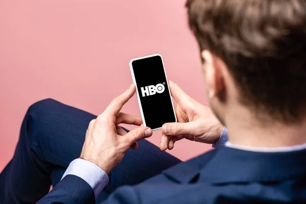 Kyiv Ukraine May 2019 Cropped View Businessman Using Smartphone Hbo — Stock Photo, Image