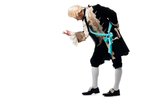 Handsome Victorian Gentleman Wig Gesturing While Bowing Isolated White — Stock Photo, Image