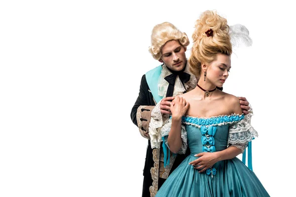 Schöner Mann Mit Perücke Berührt Attraktive Viktorianische Frau Blauem Kleid — Stockfoto