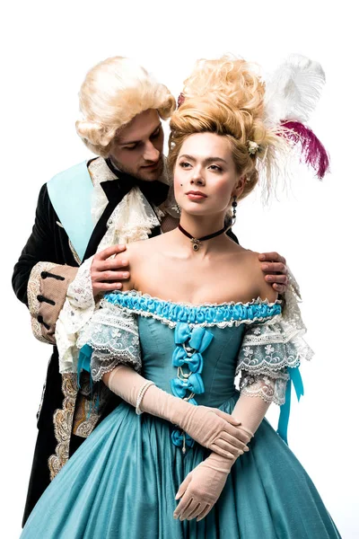 Handsome Man Wig Touching Shoulders Attractive Victorian Woman Blue Dress — Stock Photo, Image